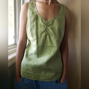 Liz Claiborne 100% Linen Olive Tank Top with Embellishments